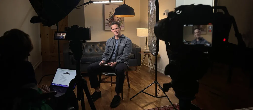 A two-camera interview set lit and ready to roll on a DHC Media corporate video shoot in Denver.