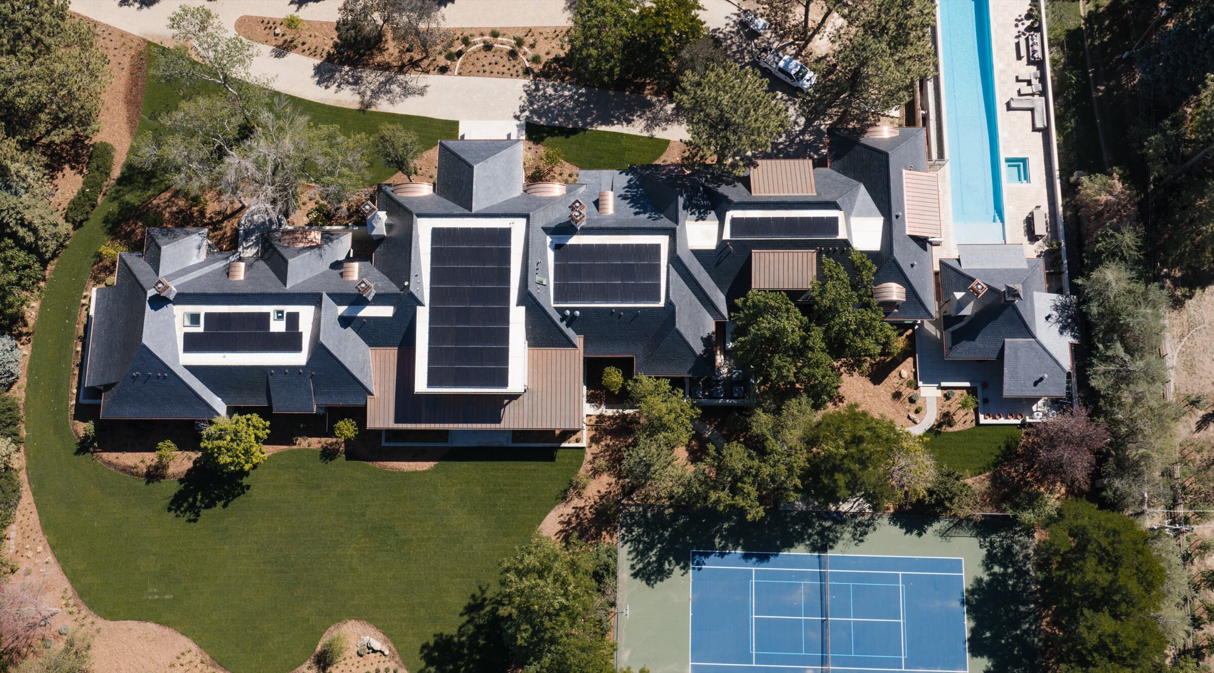 Aerial drone view of a roofing job site